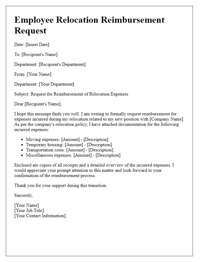 Letter template of employee relocation reimbursement process for expenses