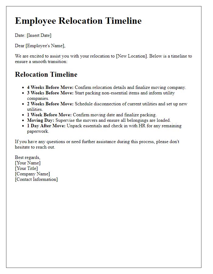 Letter template of employee relocation timeline for smooth transition