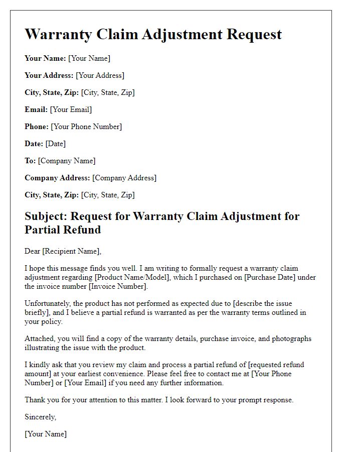 Letter template of warranty claim adjustment for partial refunds.