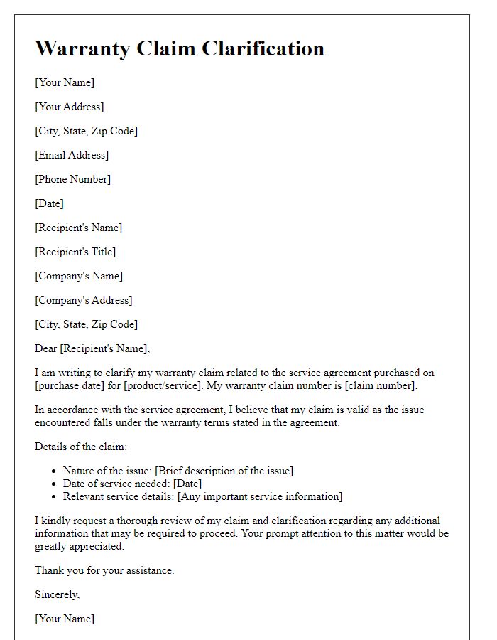 Letter template of warranty claim clarification for service agreements.