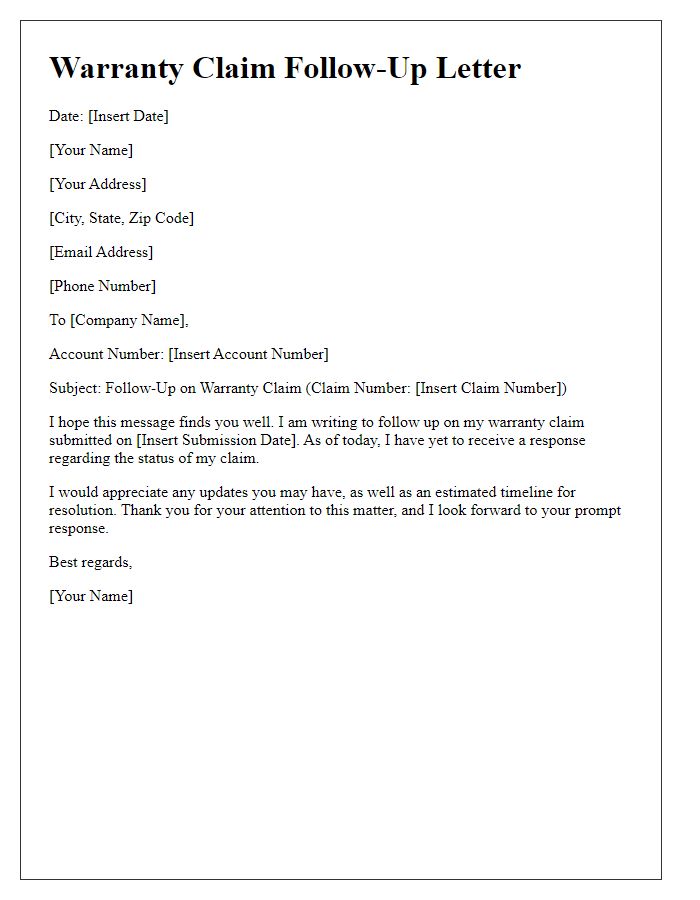 Letter template of warranty claim follow-up for delayed response.