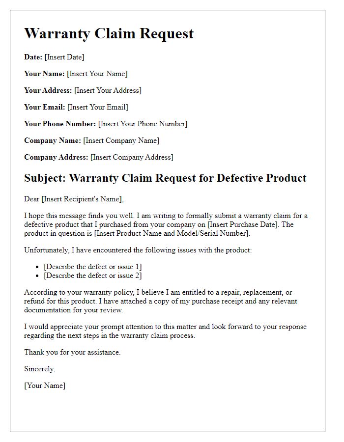 Letter template of warranty claim request for defective product.