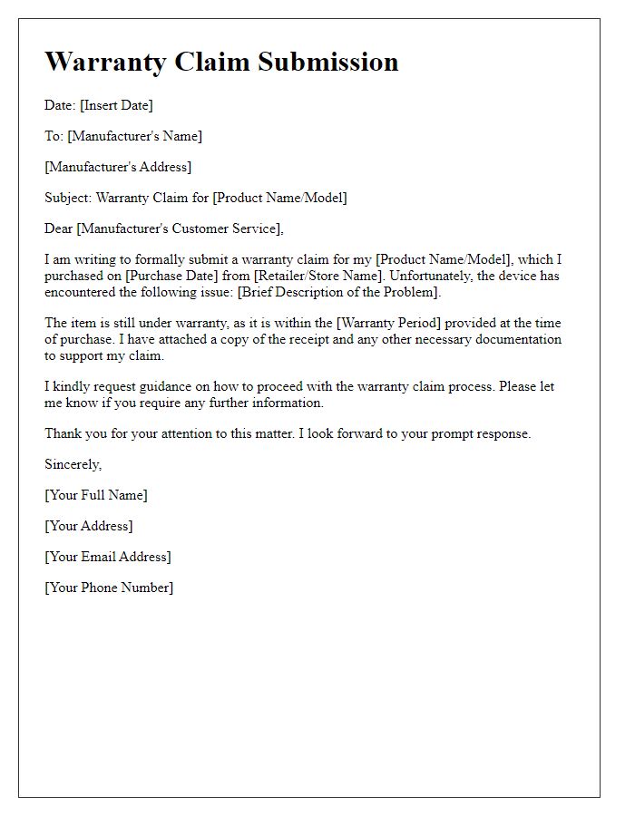 Letter template of warranty claim submission for electronic devices.