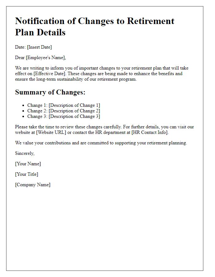 Letter template of changes in retirement plan details