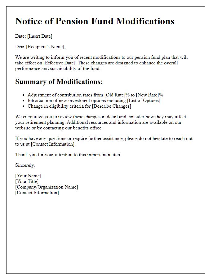 Letter template of pension fund modifications communication