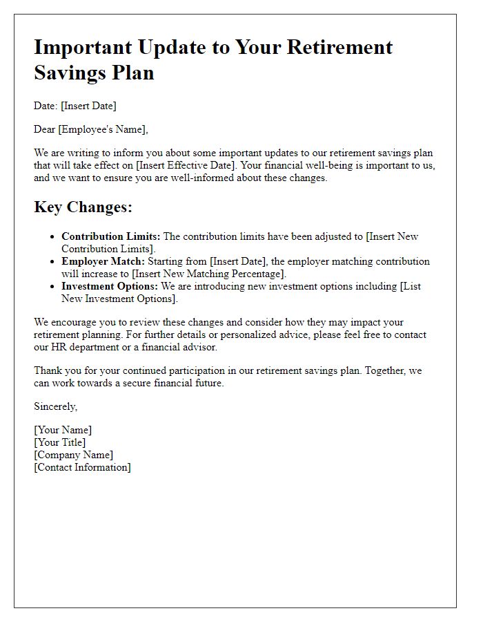 Letter template of updates to retirement savings plan