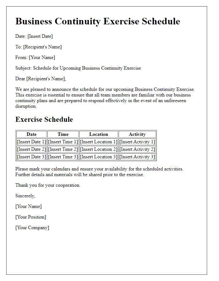 Letter template of business continuity exercise schedule