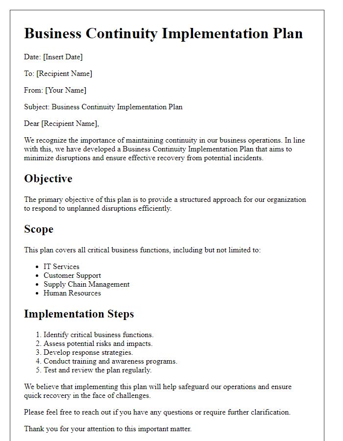 Letter template of business continuity implementation plan