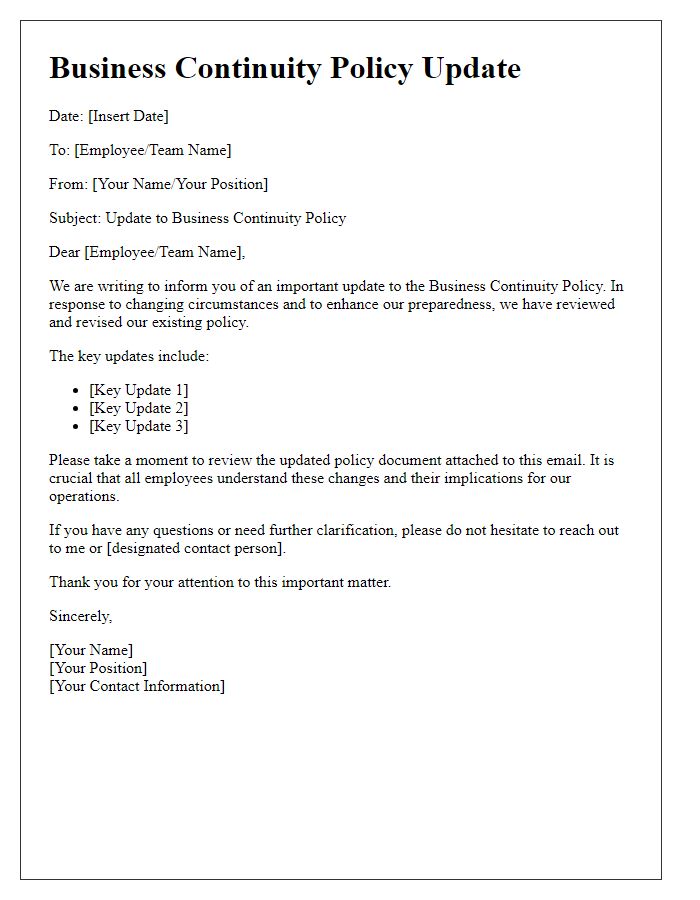 Letter template of business continuity policy update