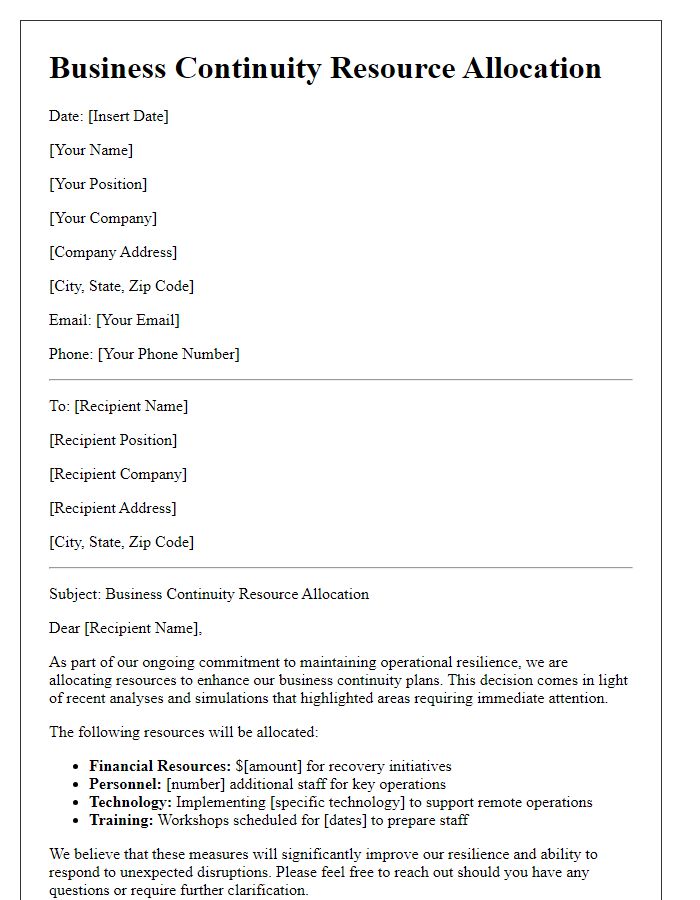 Letter template of business continuity resource allocation