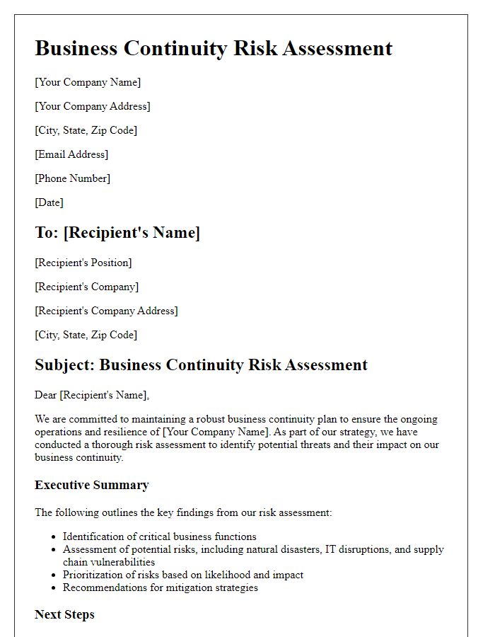 Letter template of business continuity risk assessment