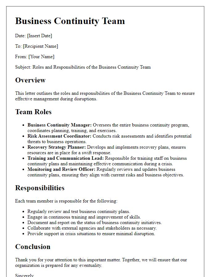 Letter template of business continuity team roles and responsibilities