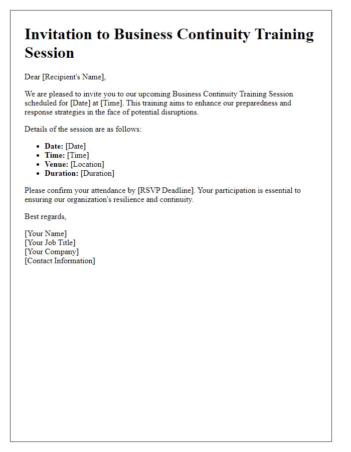 Letter template of business continuity training session invitation