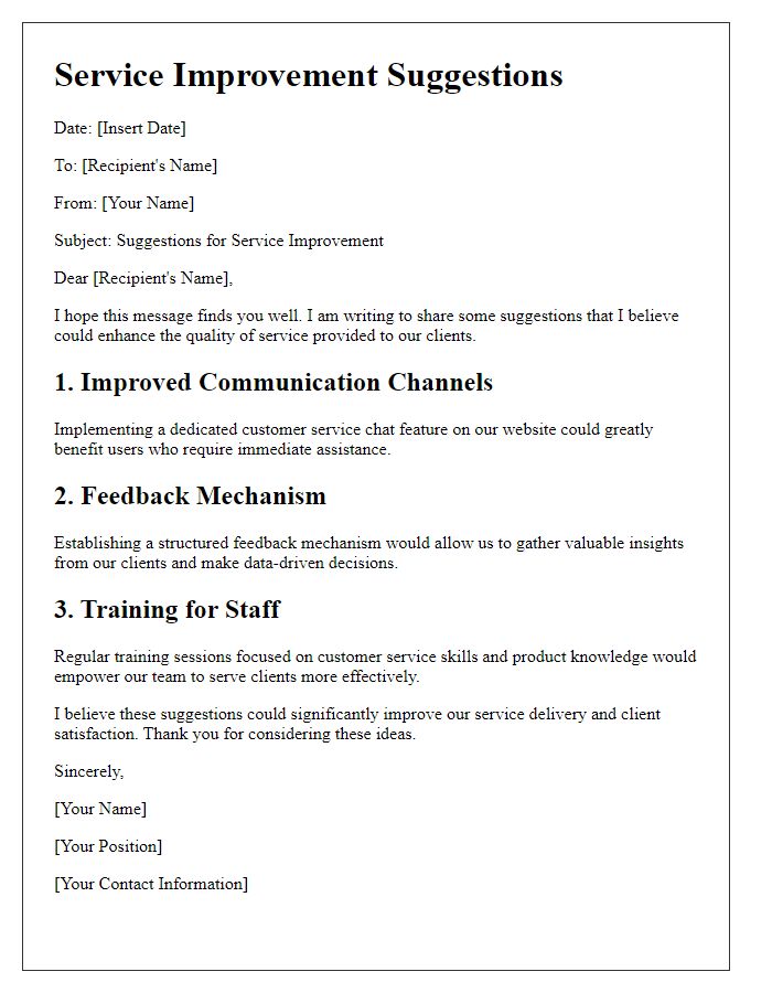 Letter template of service improvement suggestions