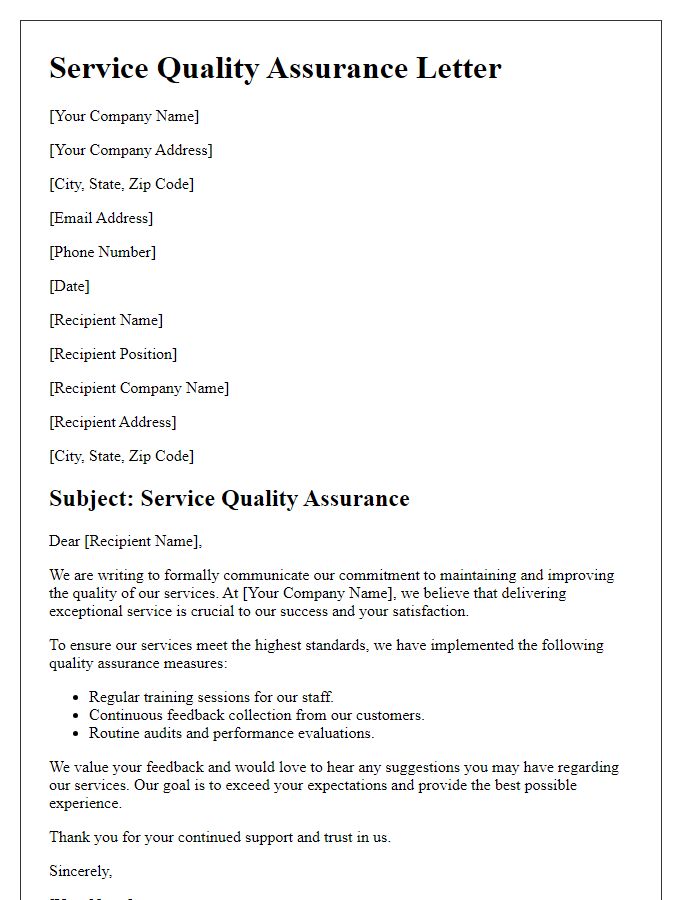 Letter template of service quality assurance