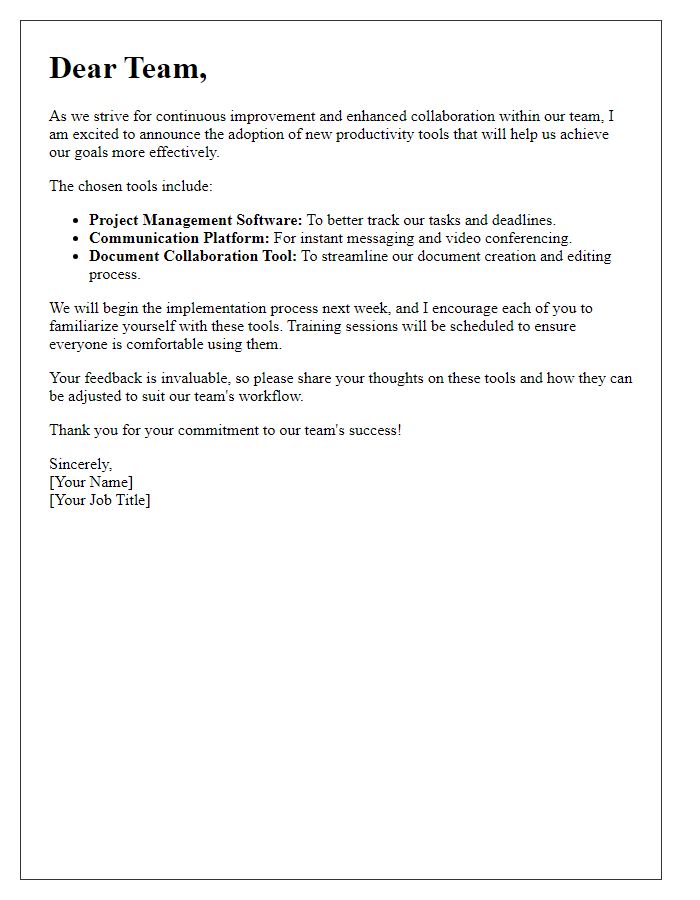 Letter template of productivity tools adoption for team improvement