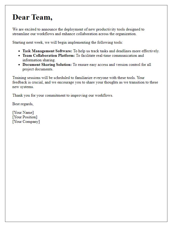 Letter template of productivity tools deployment for streamlined workflows