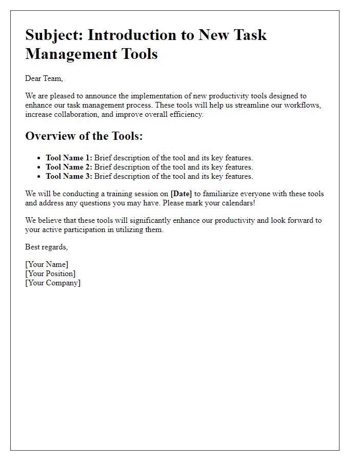 Letter template of productivity tools introduction for task management