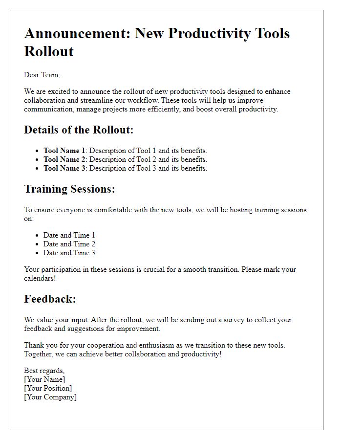 Letter template of productivity tools rollout for better collaboration