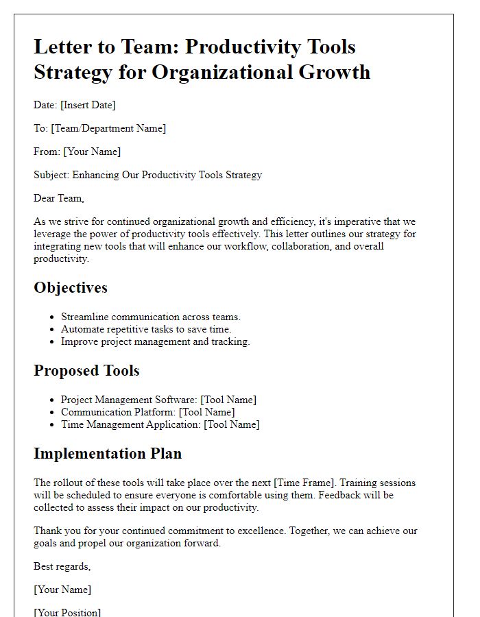 Letter template of productivity tools strategy for organizational growth