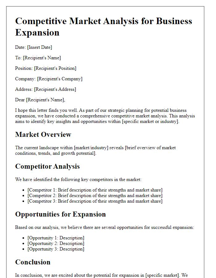 Letter template of competitive market analysis for business expansion.