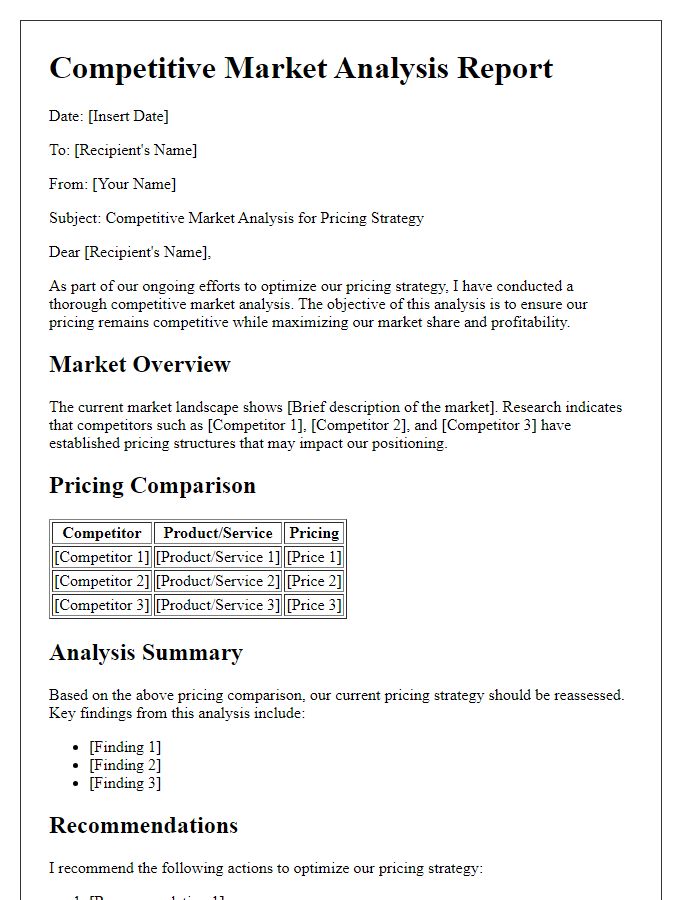 Letter template of competitive market analysis for pricing strategy.