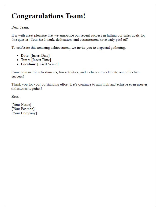 Letter template of Celebration for Hitting Sales Goals