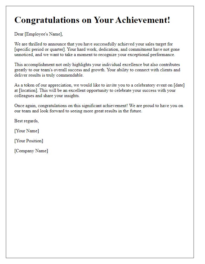 Letter template of Commemorating Sales Target Accomplishments