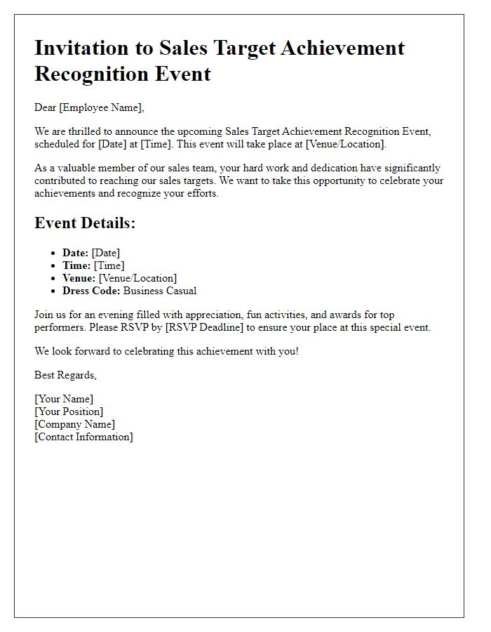 Letter template of Sales Target Achievement Recognition Event