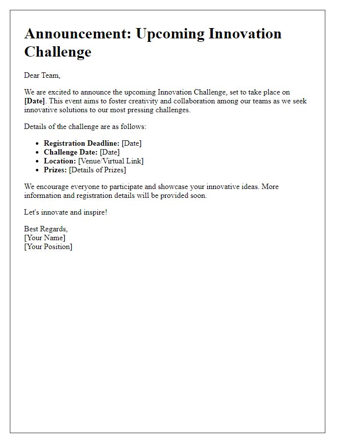 Letter template of announcement for the upcoming innovation challenge