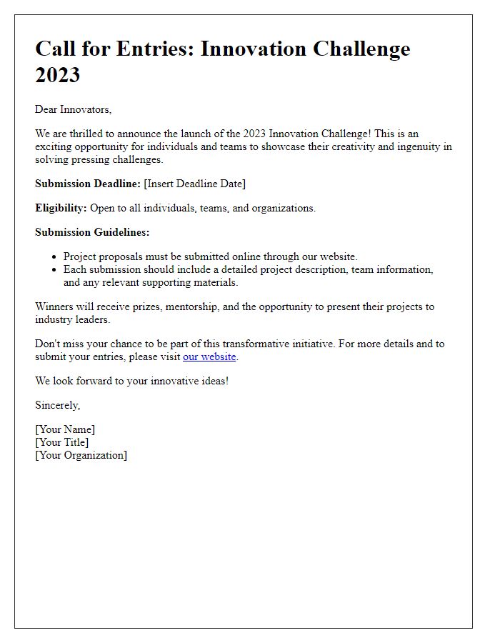 Letter template of call for entries to the innovation challenge