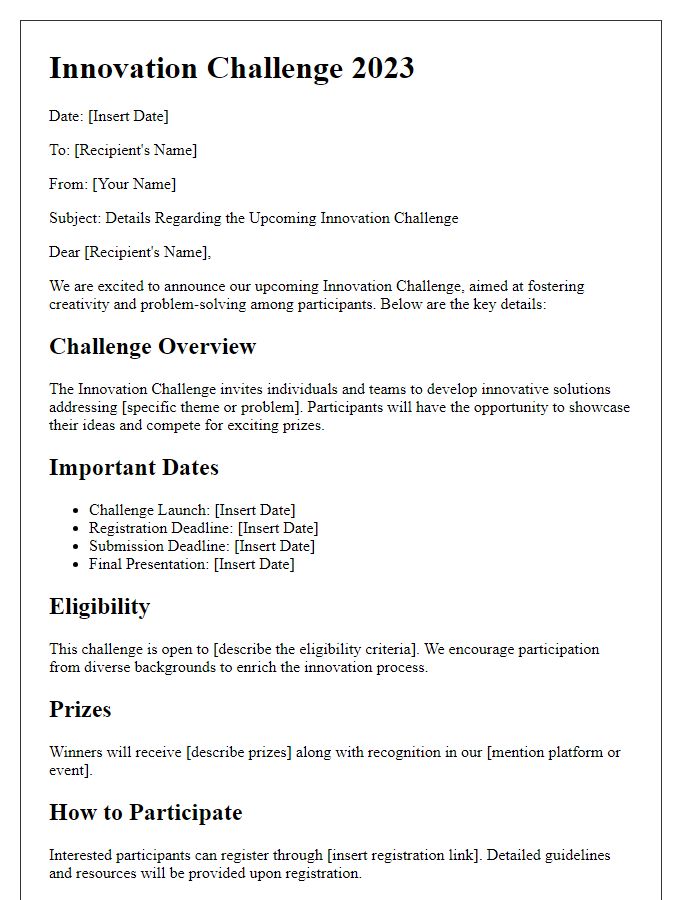 Letter template of details regarding the innovation challenge