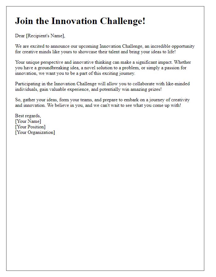 Letter template of encouragement to join the innovation challenge