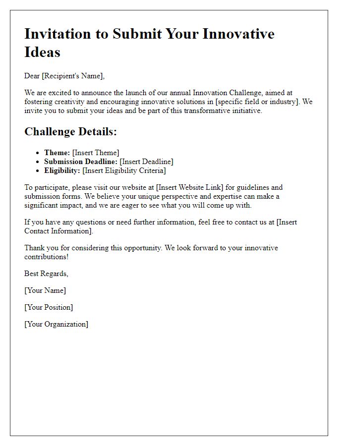 Letter template of outreach for the innovation challenge submissions