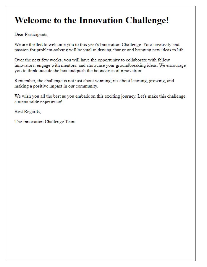 Letter template of welcome message for the innovation challenge