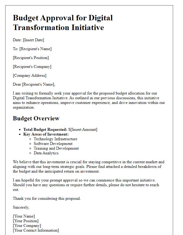 Letter template of budget approval for digital transformation initiative