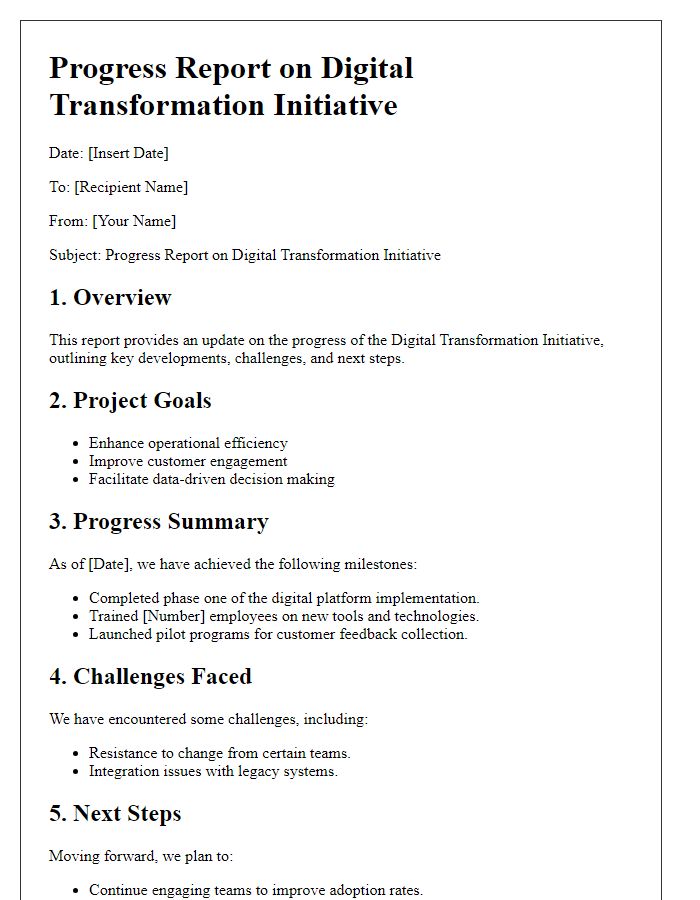 Letter template of progress report for digital transformation initiative