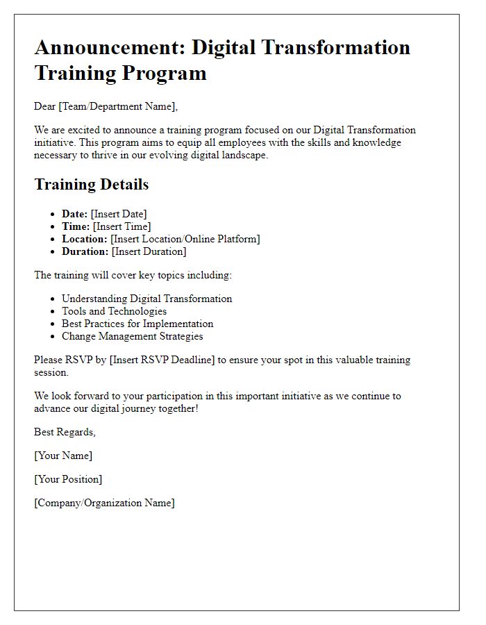 Letter template of training announcement for digital transformation initiative