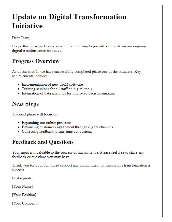 Letter template of update on digital transformation initiative