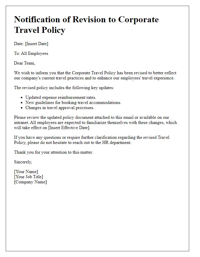 Letter template of corporate travel policy revision notification