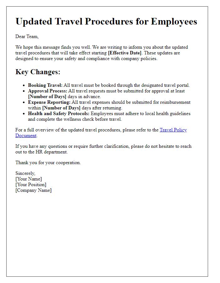Letter template of updated travel procedures for employees