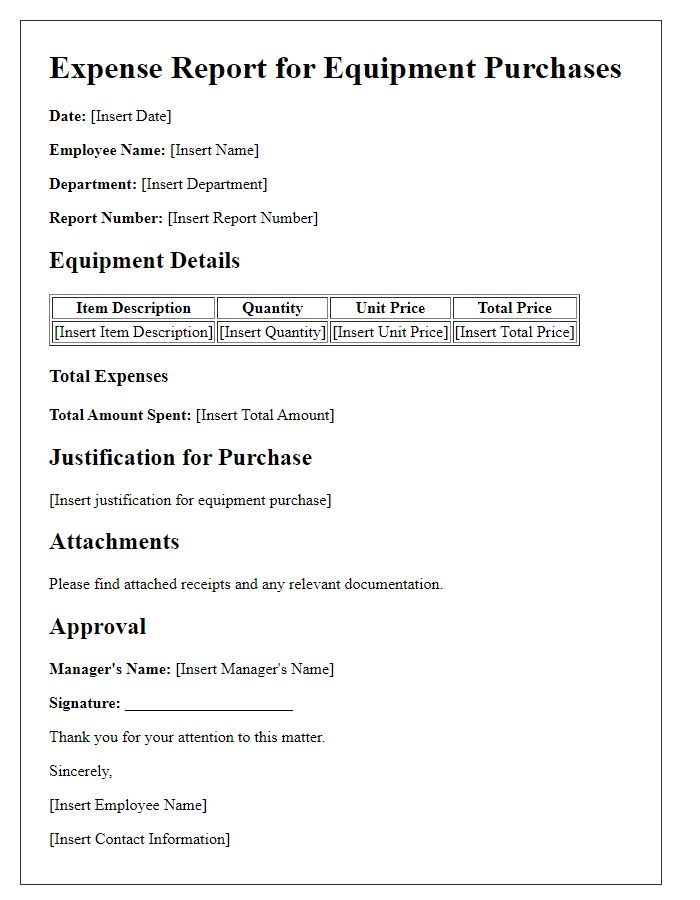 Letter template of expense report for equipment purchases