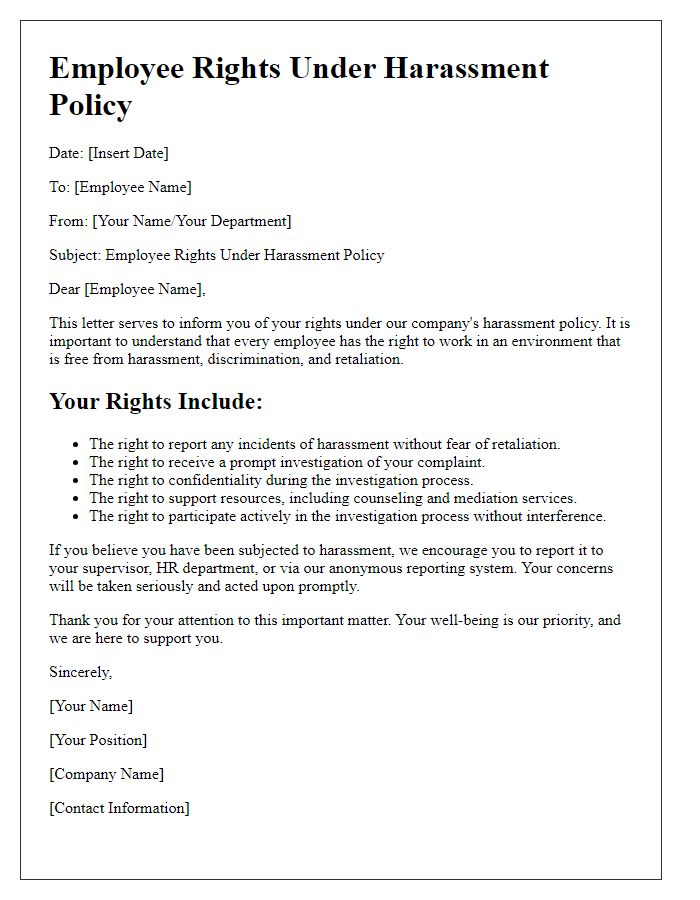 Letter template of Employee Rights under Harassment Policy