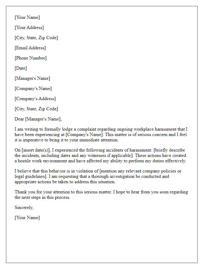 Letter template of Formal Complaint regarding Workplace Harassment