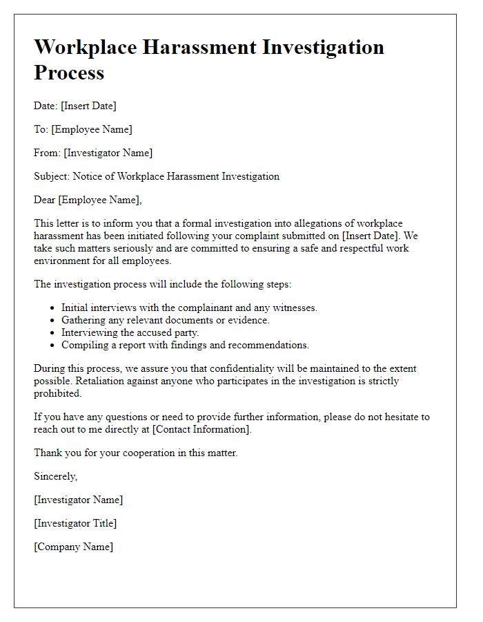 Letter template of Workplace Harassment Investigation Process