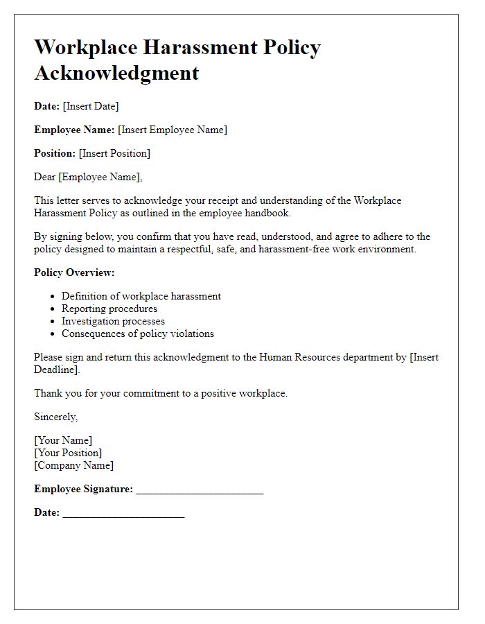 Letter template of Workplace Harassment Policy Acknowledgment