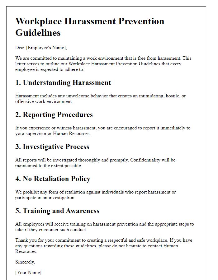 Letter template of Workplace Harassment Prevention Guidelines