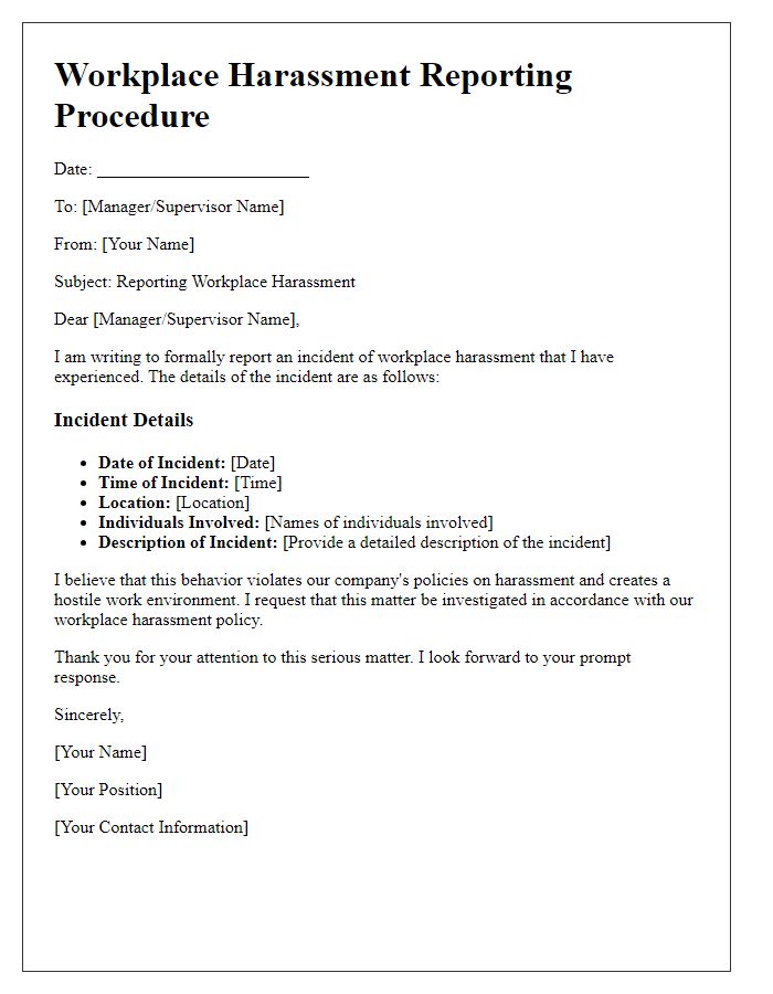 Letter template of Workplace Harassment Reporting Procedure