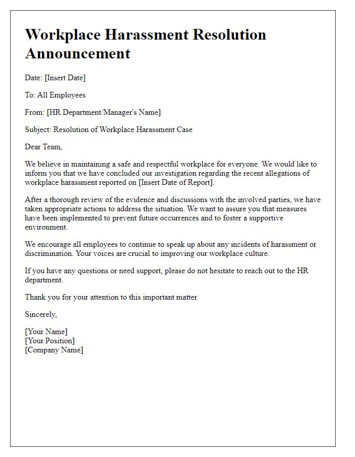 Letter template of Workplace Harassment Resolution Announcement