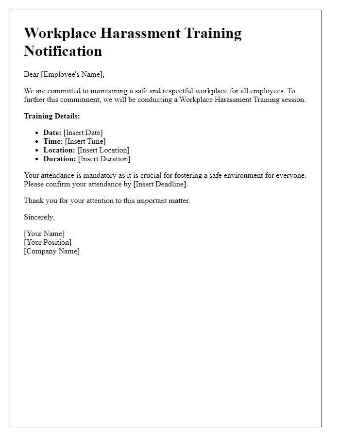 Letter template of Workplace Harassment Training Notification